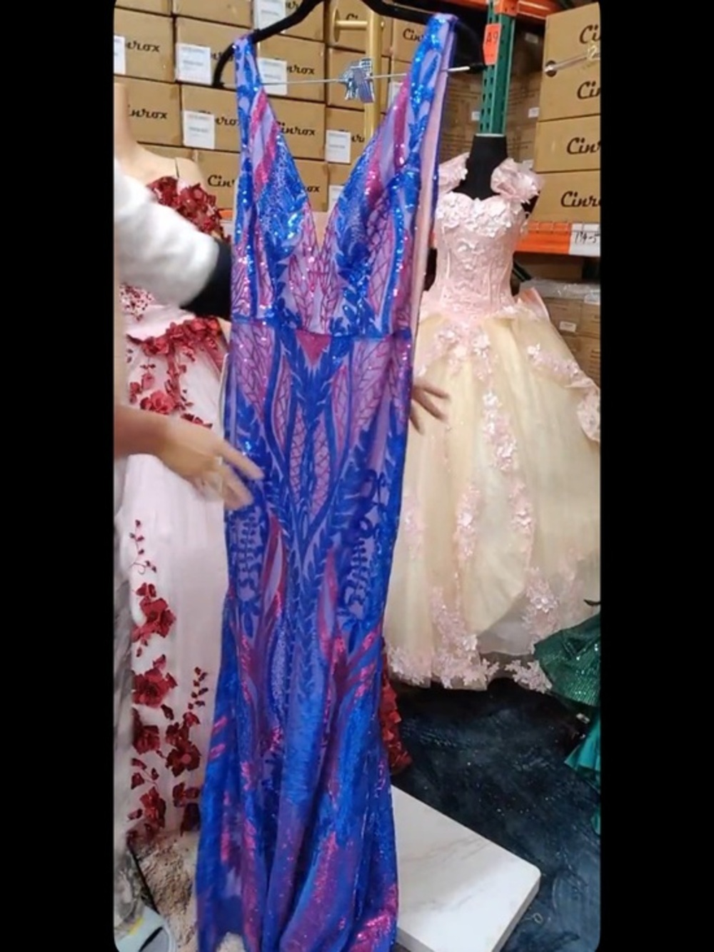 Fitted Sequin Print Deep V-Neck Gown, NWT Size 8